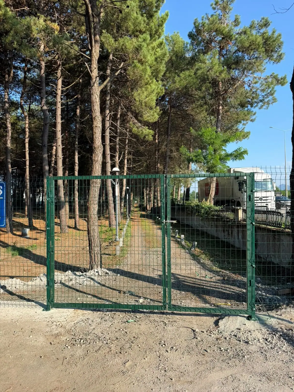 Çam ağaçları arasında çift kanatlı panel kapı